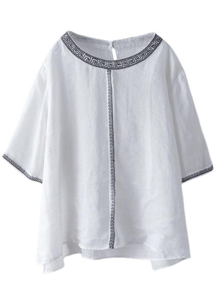 Natural Black Texture O-neck Embroidered Summer Ramie Blouses Half Sleeve