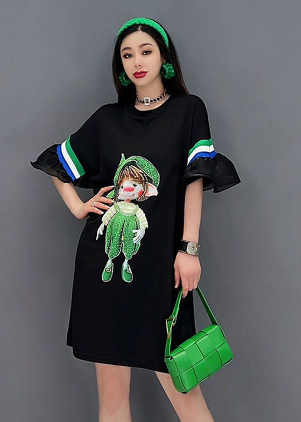 Natural Black O-neck Patchwork Ruffles Print Cotton Maxi Dresses Short Sleeve