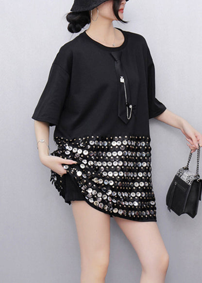 Natural Black O-neck Patchwork Sequins T Shirts Short Sleeve