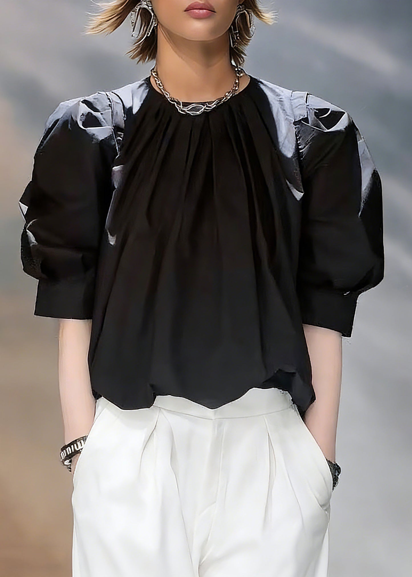 Natural Black O-neck Patchwork Tops Summer
