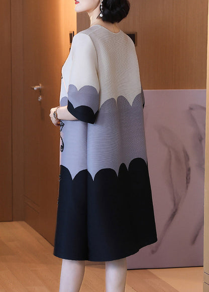 Natural Black O-neck Print Long Dress Half Sleeve
