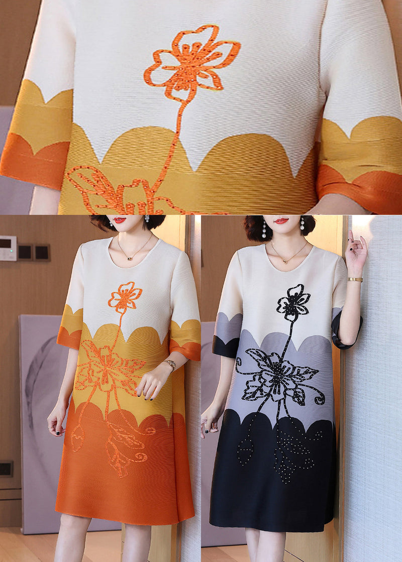 Natural Black O-neck Print Long Dress Half Sleeve