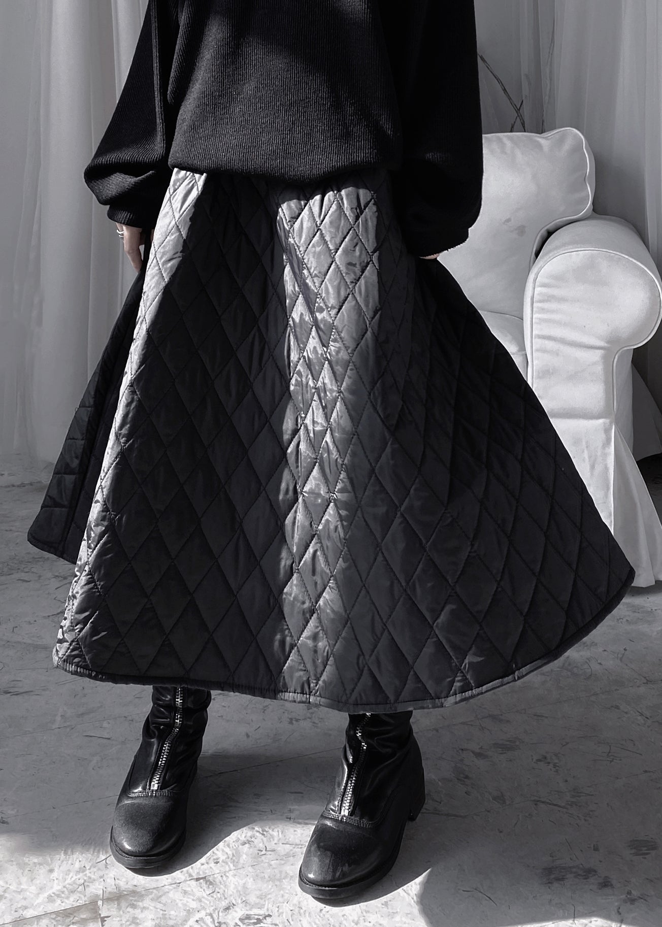 Natural Black Plaid Patchwork Thick a Line Skirts Fall