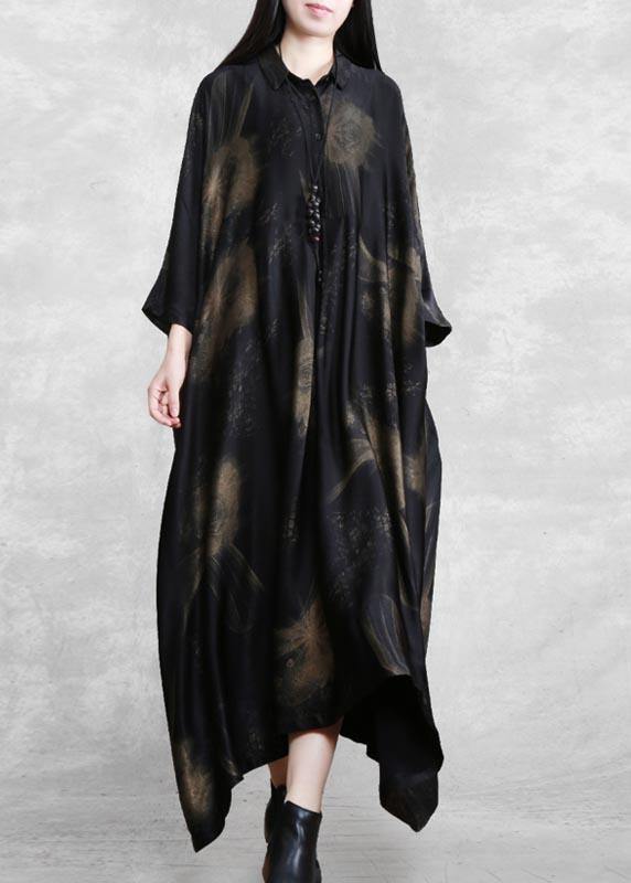 Natural Black Print Dresses Lapel Asymmetric Spring Dresses
