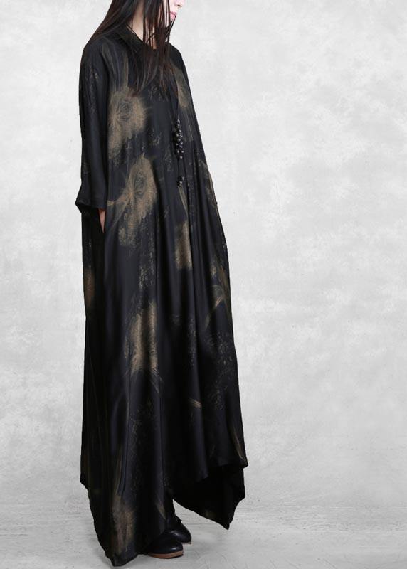 Natural Black Print Dresses Lapel Asymmetric Spring Dresses