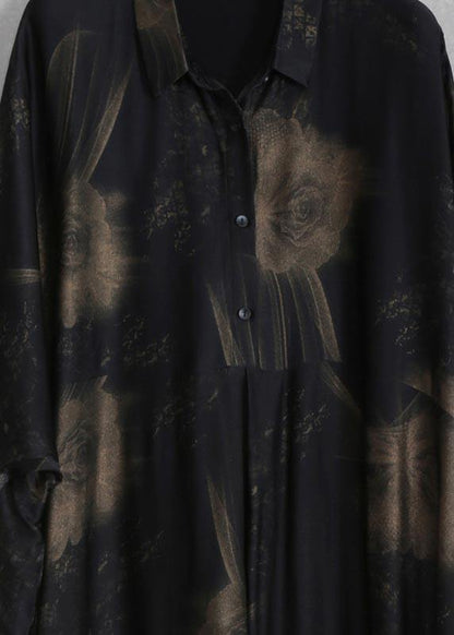Natural Black Print Dresses Lapel Asymmetric Spring Dresses