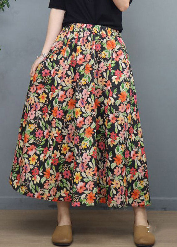 Natural Black Print Elastic Waist Linen a Line Skirt