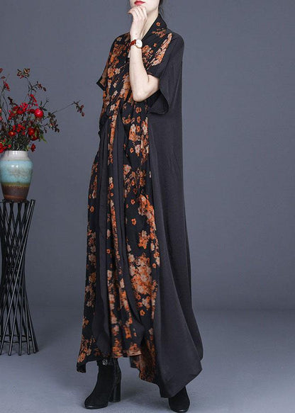 Natural Black Print Patchwork Silk Summer Maxi Dress