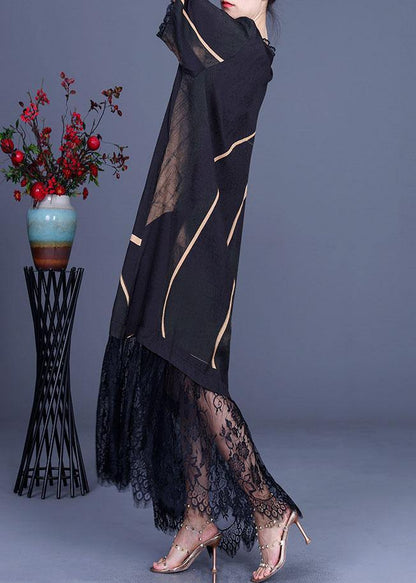 Natural Black Silk Print Patchwork Lace Vacation Dresses Summer