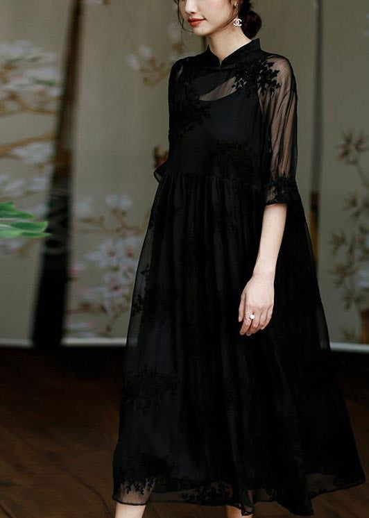 Natural Black Stand Collar Embroideried Button Tulle Long Dress Half Sleeve