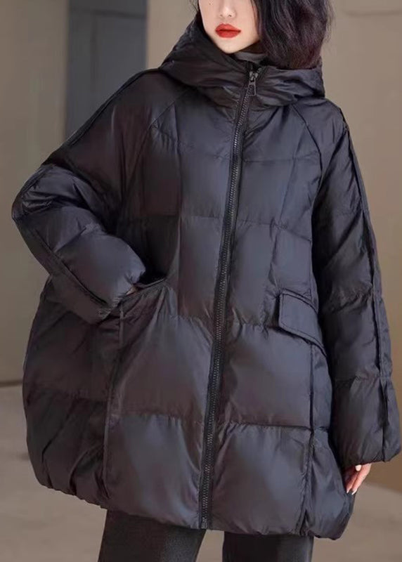 Natural Black Stand Collar Pockets Hooded Puffer Jacket Winter