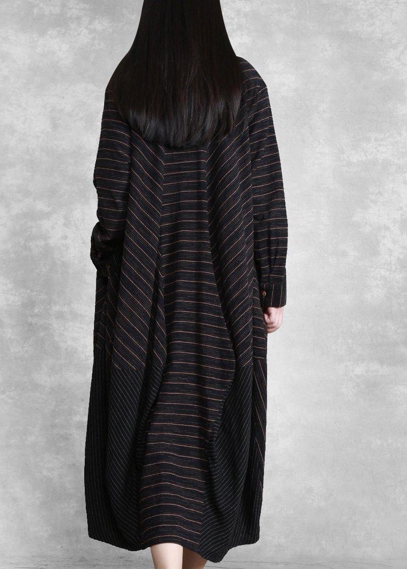 Natural Black Striped Linen Dresses Spring Gown
