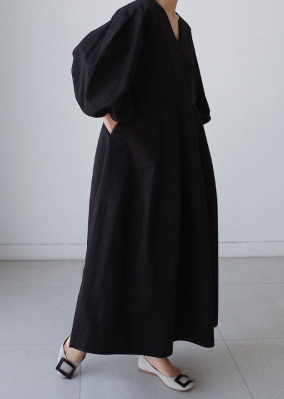 Natural Black V Neck Lantern Sleeve Cotton Party Dress