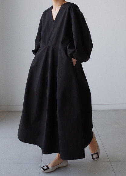 Natural Black V Neck Lantern Sleeve Cotton Party Dress