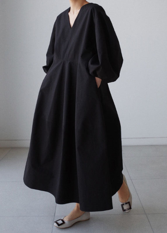 Natural Black V Neck Lantern Sleeve Cotton Party Dress