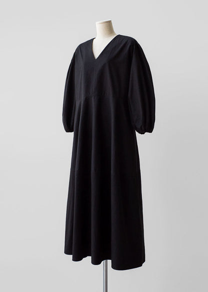 Natural Black V Neck Lantern Sleeve Cotton Party Dress