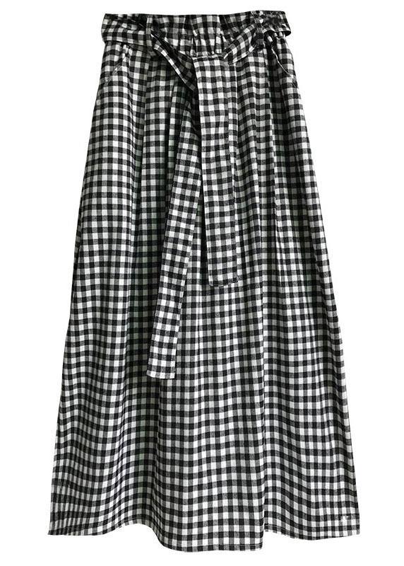 Natural Black White Plaid Bow a Line Summer Skirt Cotton