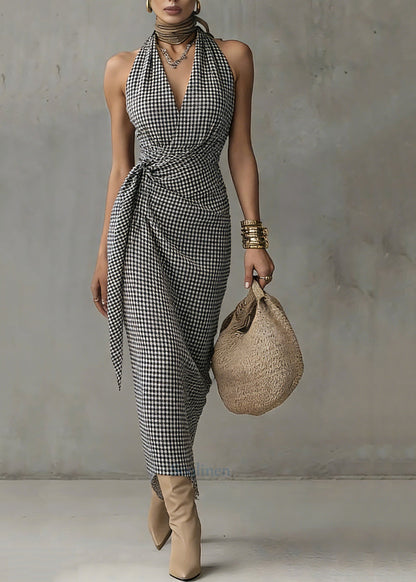 Natural Black White Plaid V Neck Tie Waist Long Dresses Summer