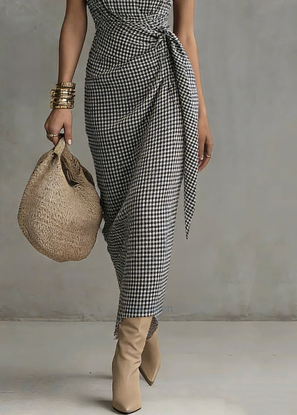 Natural Black White Plaid V Neck Tie Waist Long Dresses Summer