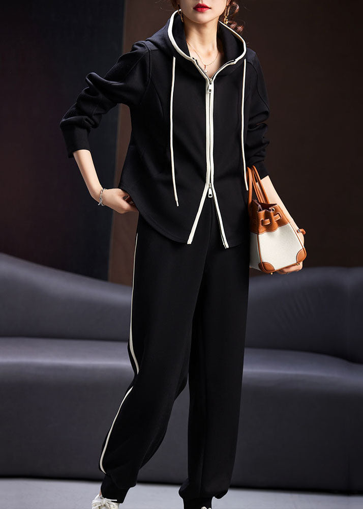 Natural Black Zippered Drawstring Patchwork Hooded Coats and Pants Two Pieces Set Long Sleeve