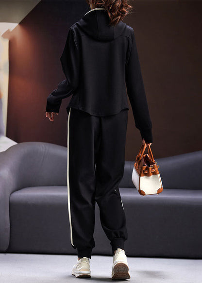 Natural Black Zippered Drawstring Patchwork Hooded Coats and Pants Two Pieces Set Long Sleeve