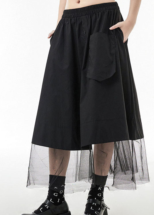Natural Black Elastic Waist Pocket Tulle Patchwork Skirts Spring