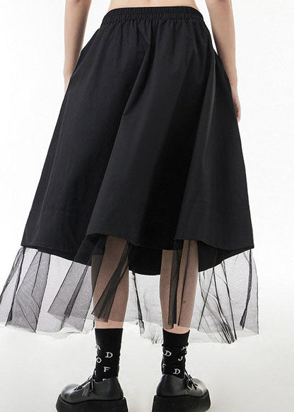 Natural Black Elastic Waist Pocket Tulle Patchwork Skirts Spring