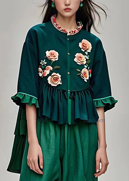 Natural Blackish Green Stand Collar Ruffled Tops Summer