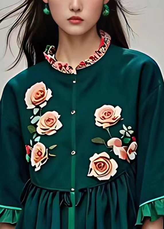 Natural Blackish Green Stand Collar Ruffled Tops Summer