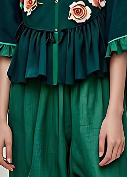Natural Blackish Green Stand Collar Ruffled Tops Summer