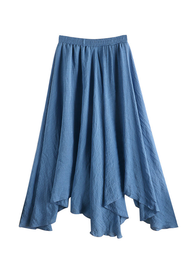 Natural Blue Asymmetrical Elastic Waist Wrinkled Linen a Line Skirt Summer