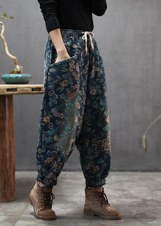 Natural Blue Cinched Print Denim Pants Winter