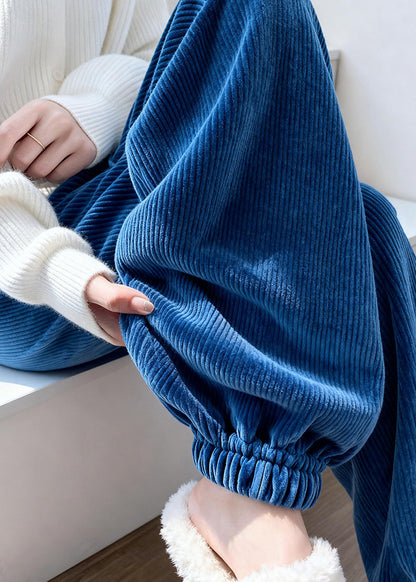Natural Blue Elastic Waist Pockets Corduroy Fleece Beam Pants Winter