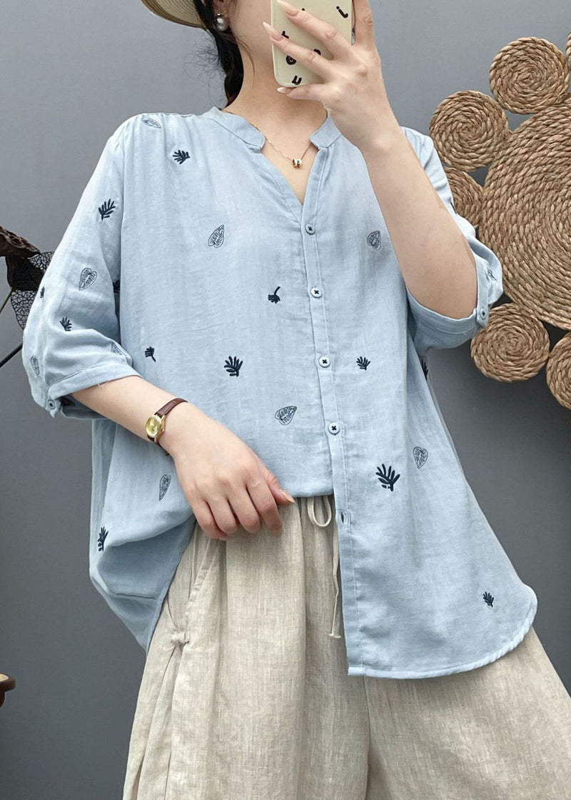 Natural Blue Embroidered Cotton Shirt Half Sleeve