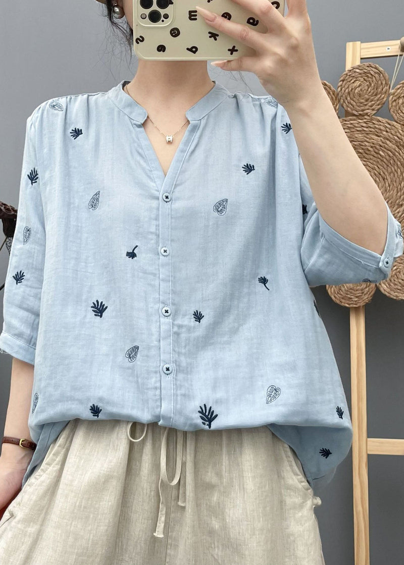 Natural Blue Embroidered Cotton Shirt Half Sleeve
