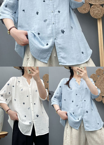Natural Blue Embroidered Cotton Shirt Half Sleeve