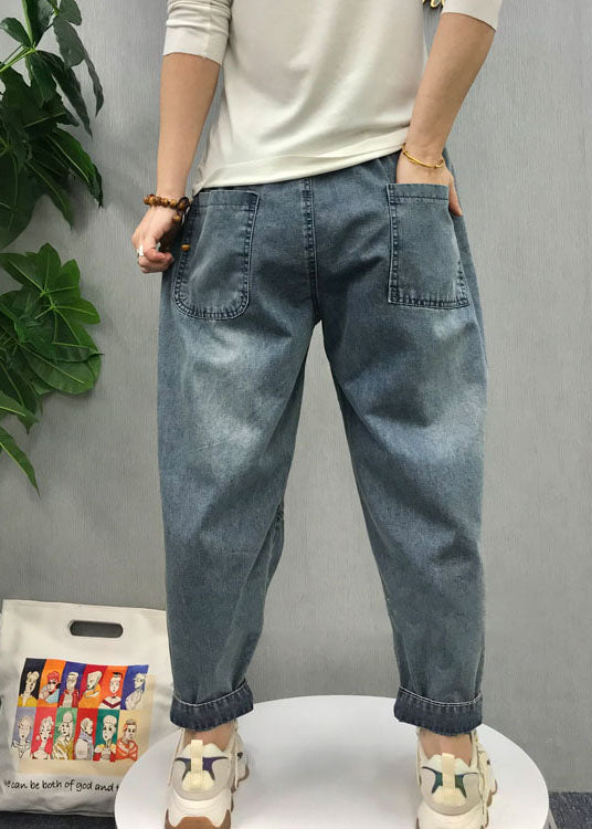 Natural Blue Embroideried Patchwork Denim Pants Spring