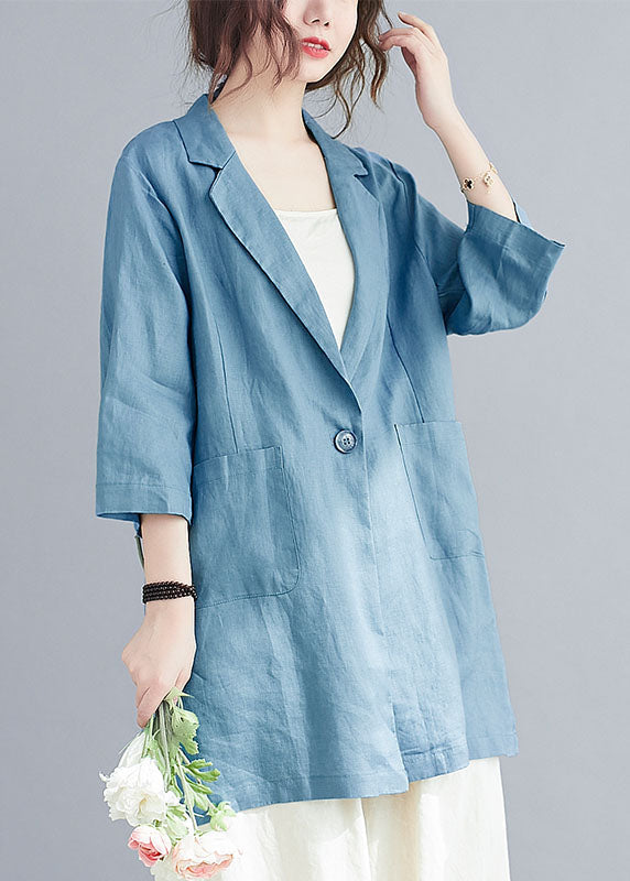 Natural Blue Notched Button Pockets Fall Three Quarter Sleeve Blouse Top