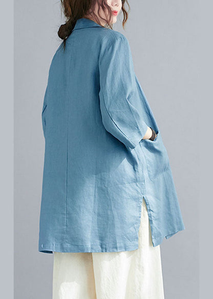 Natural Blue Notched Button Pockets Fall Three Quarter Sleeve Blouse Top