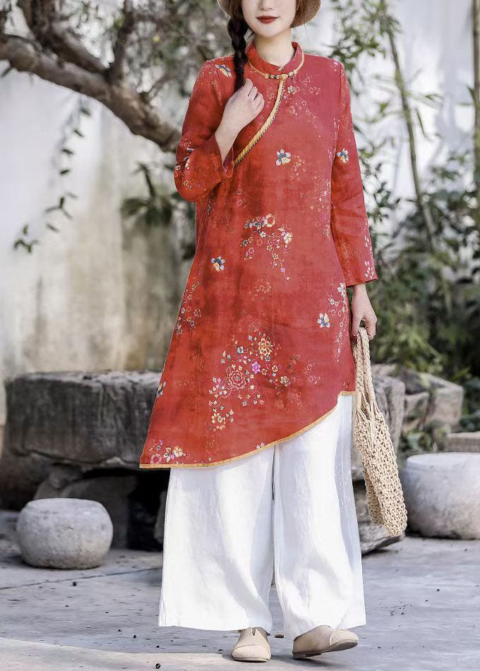 Natural Blue O-neck Asymmetrical Print Linen Dresses Spring