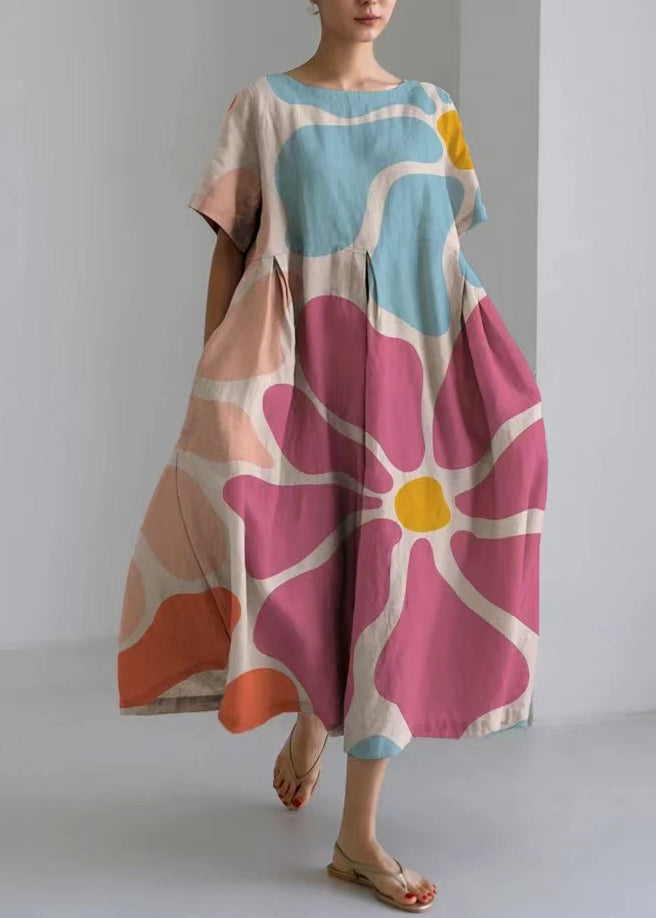 Natural Blue O-neck Print Long Dress Short Sleeve