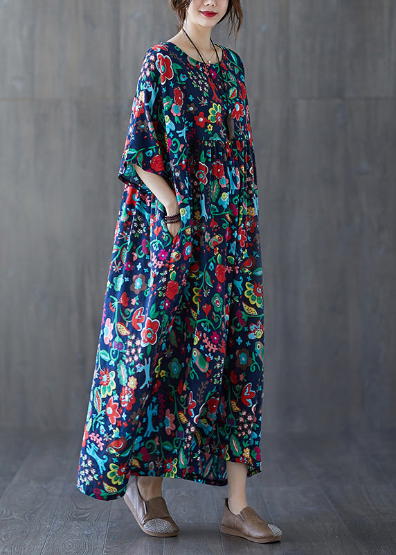 Natural Blue O-neck Print Wrinkled Cotton Long Dresses Summer