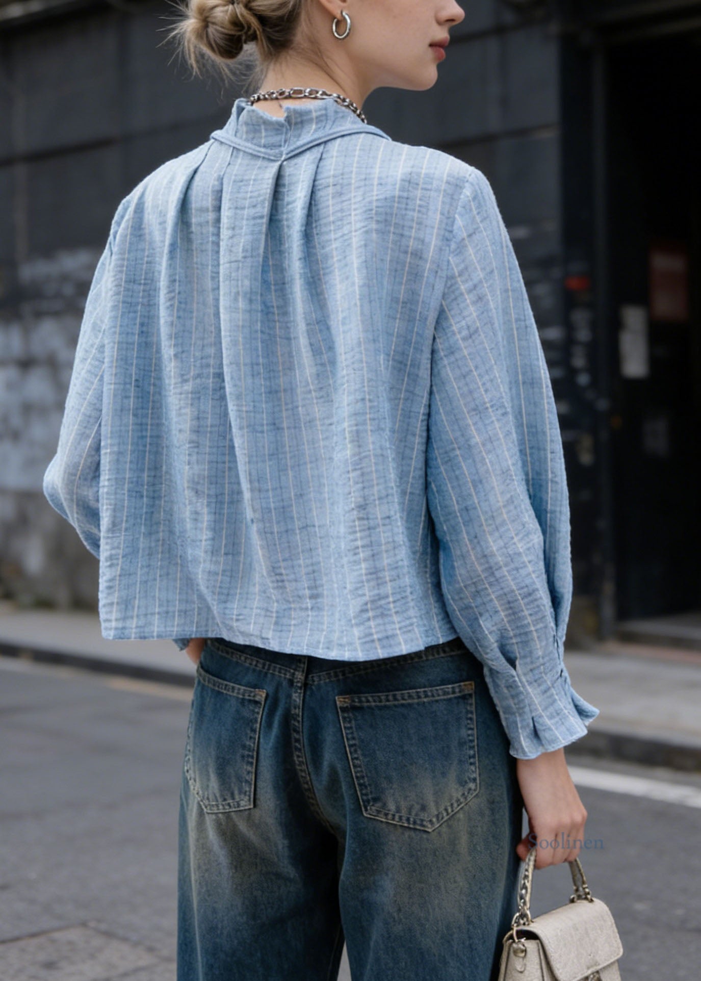 Natural Blue O Neck Striped Cotton Shirt Top Spring