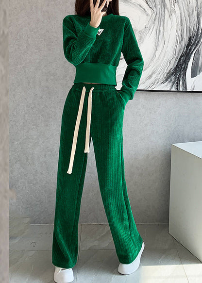 Natural Blue O-neck Top and Wide Leg Pants Two Pieces Set Long Sleeve