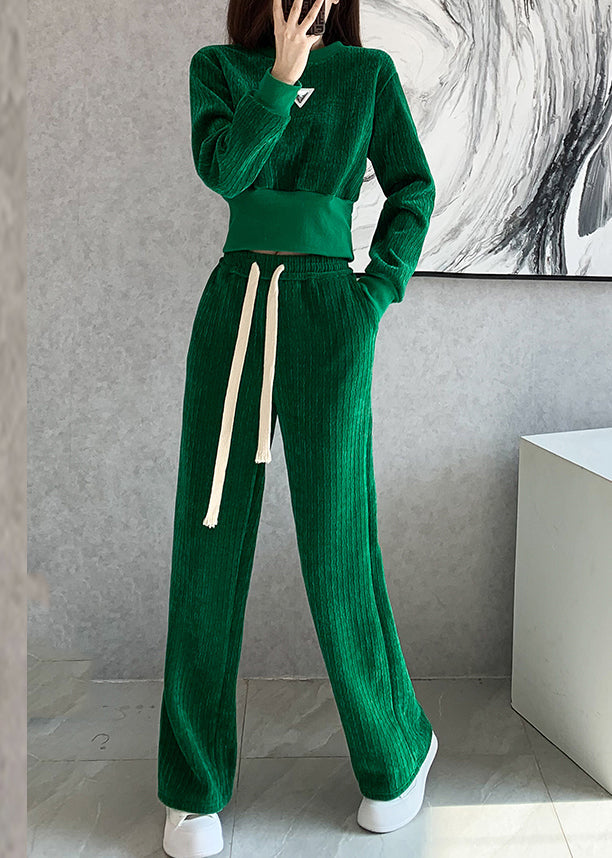 Natural Blue O-neck Top and Wide Leg Pants Two Pieces Set Long Sleeve