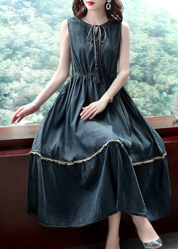 Natural Blue O-neck Drawstring Elastic Waist Cotton Ankle Dress Spring