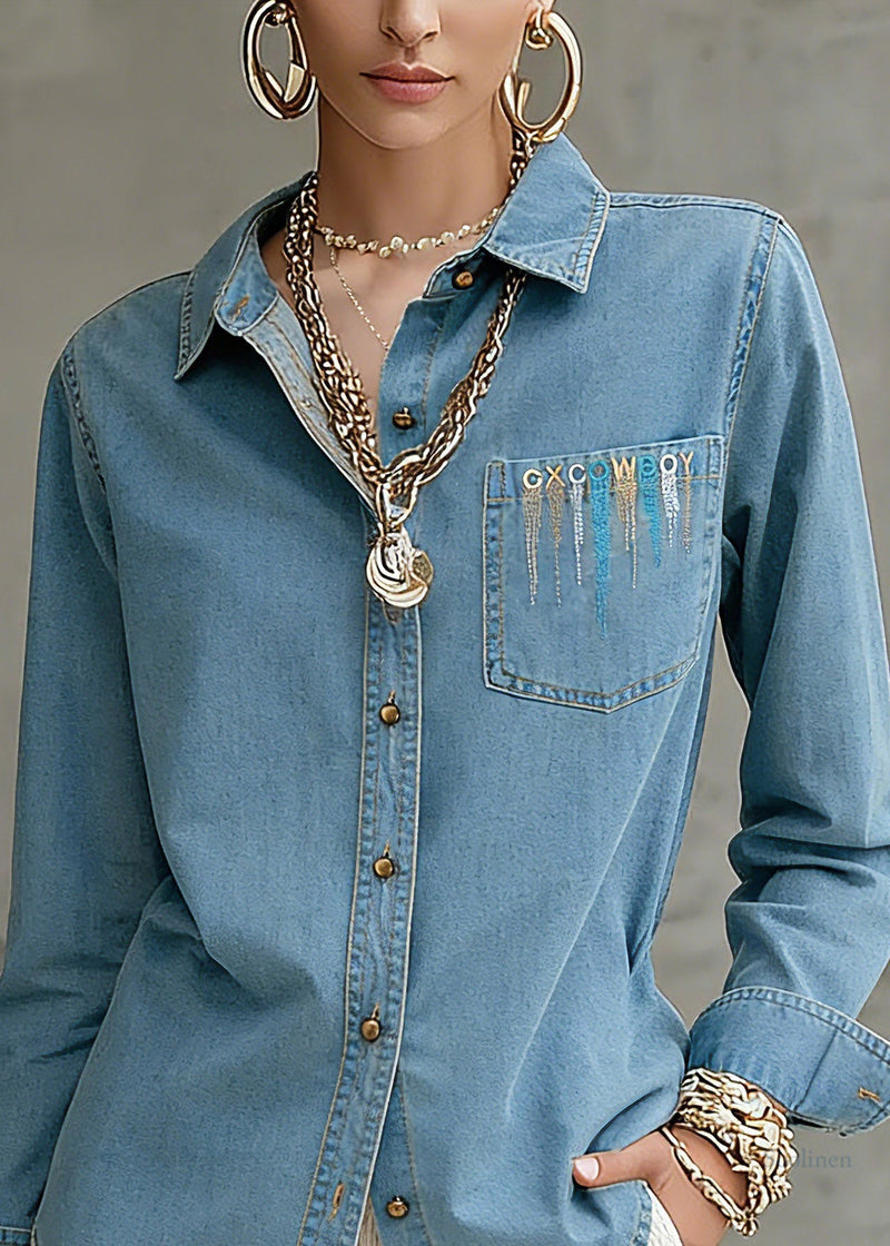 Natural Blue Patchwork Button Denim Top Spring