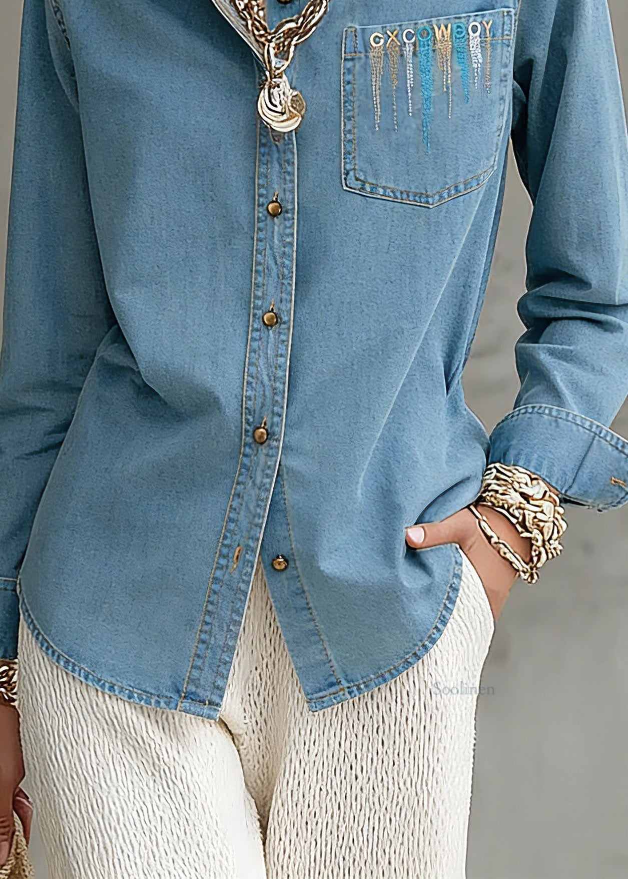Natural Blue Patchwork Button Denim Top Spring