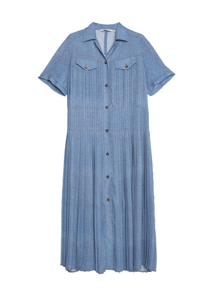 Natural Blue Peter Pan Collar Wrinkled Denim Dress Summer