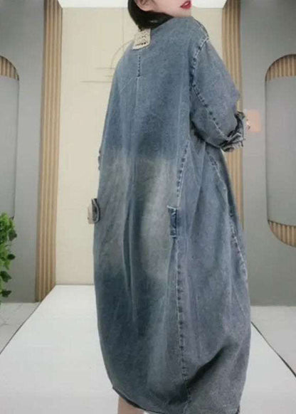 Natural Blue Peterpan Collar Button Pockets Hole Fall Long Sleeve Denim Party Dress